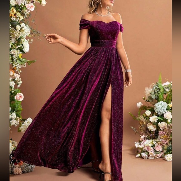 Luxe purple off shoulder glitter party formal evening gown dress - Picture 4 of 11